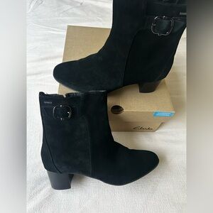 Clarks Black Heeled Suede Boots Watwrproof
